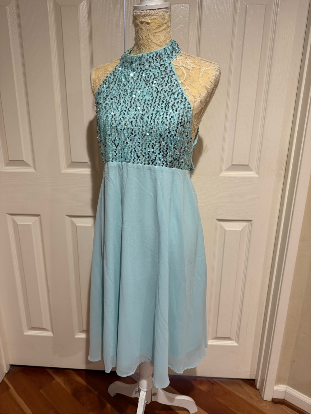 Aqua Halter-Sequin Wedding Maternity Guest Dress